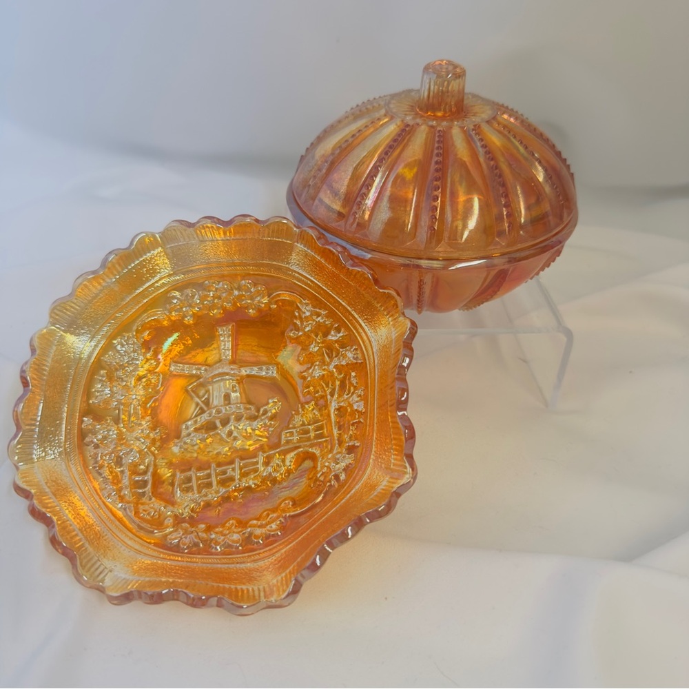 Vintage Imperial Amber Iridescent Glass Wavy Windmill Dish and Lidded Bowl